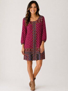LOFT Boho Diamond-Print Tribal Mosaic Maroon Tunic Dress Festival Art to Wear S